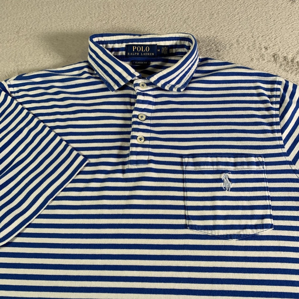 Polo Ralph Lauren Polo Shirt Mens Medium Blue White Stripe Classic Pocket Cotton